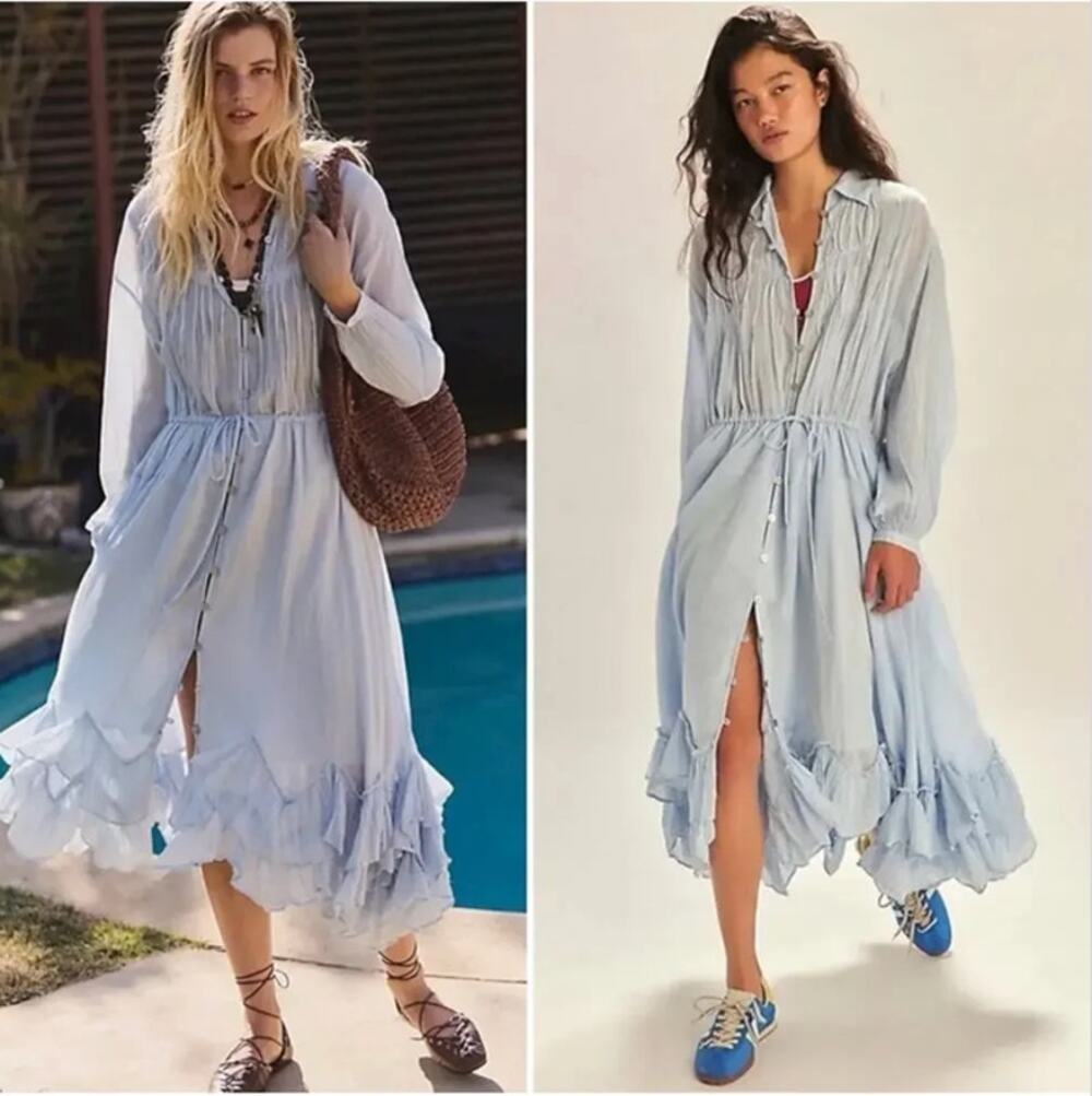 Free People Ethereal Dainty Bohemian Sea La Vie Midi Dress Snowflake Blue